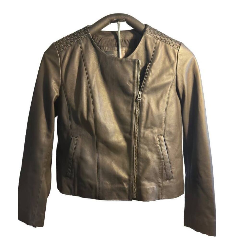 Cole Haan asymmetrical collarless black leather Jacket 100% Lamb Skin Size L